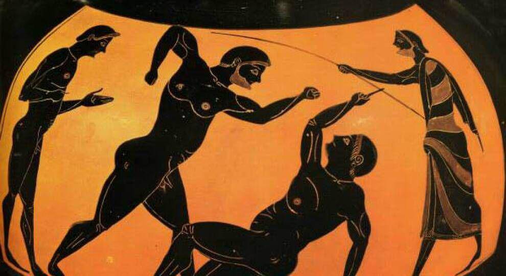 ilustrasi fresko kuno tentang Pankration (KU Leuven Department of Ancient History via wgbh.org)