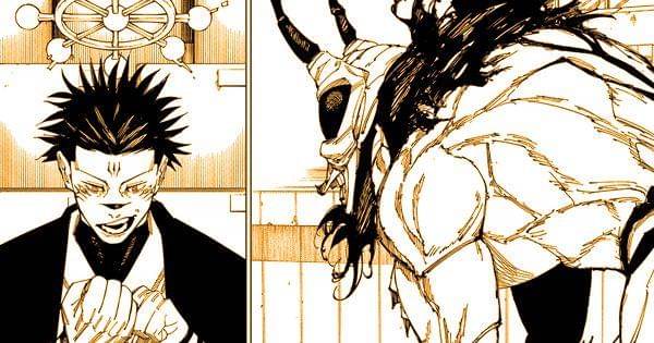 Sukuna memanggil Mahoraga saat Yorozu memuat armor spesialnya (Dok. Mangaplus / Jujutsu Kaisen )