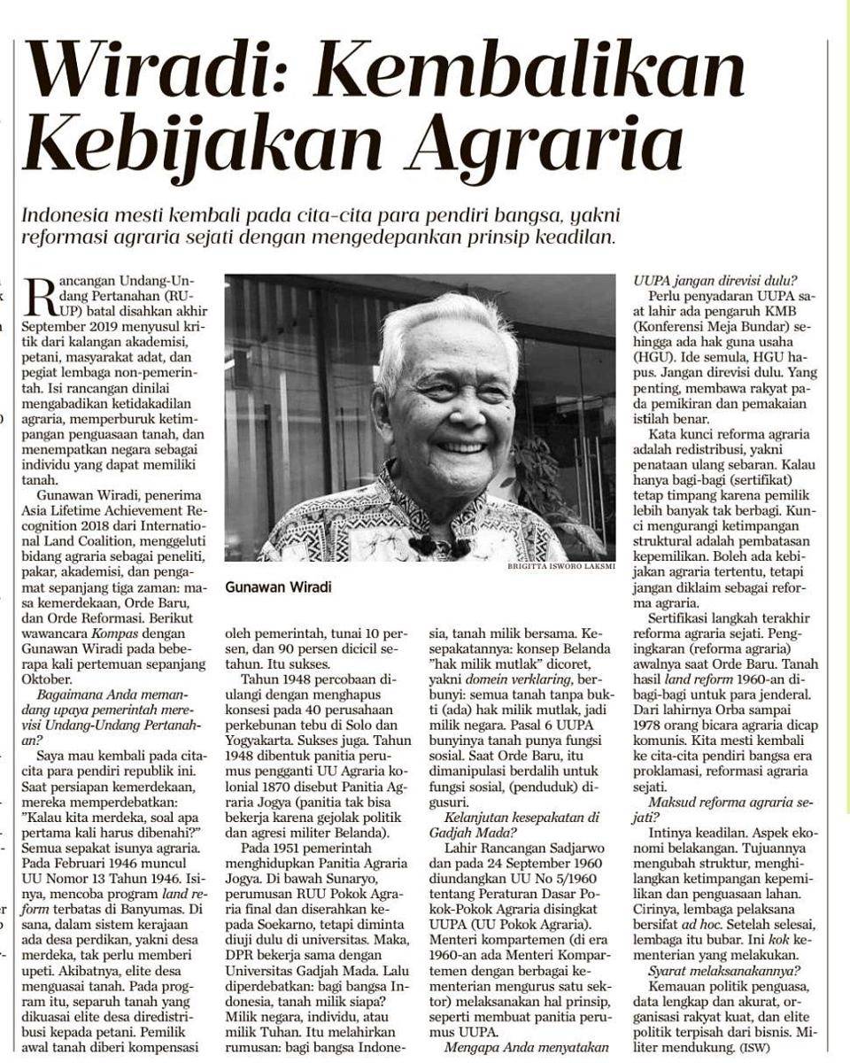 Artikel wawancara media massa tentang pemikiran Wiradi (twitter.com/SeknasKPA)