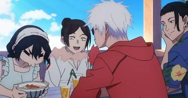 Gojo dan teman-temannya bersantai di pantai ( Dok. Toho Animation / PV Jujutsu Kaisen S2 )