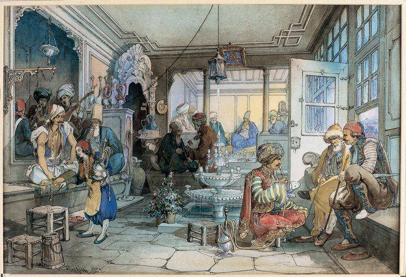 Cat air sebuah kafe di Istanbul, dilukis oleh Amadeo Preziosi antara tahun 1850 dan 1882 (atlasobscura.com/public domain)