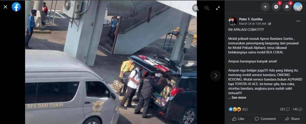 Unggahan Peter Gontha di Facebook soal Alphard dan mobil Bea Cukai di apron bandara (Facebook/Peter F Gontha)