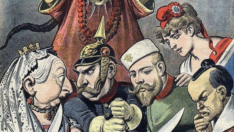 Karikatur Ratu Victoria dari Britania Raya, dan pemimpin dunia pada masa itu yang merebutkan wilayah jajahan. (commons.wikimedia.org/Henri Meyer)