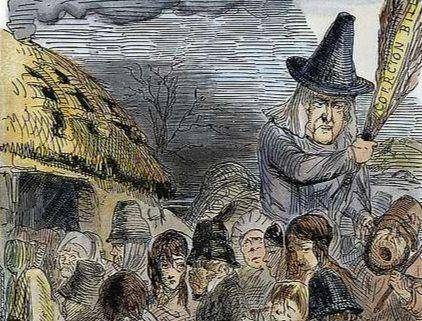 Ilustrasi kartun John Leech 'Justice to Ireland', yang memperlihatkan rakyat Irlandia dikendalikan oleh "Coercion Bill" Inggris selama Kelaparan Irlandia. (commons.wikimedia.org/John Leech)