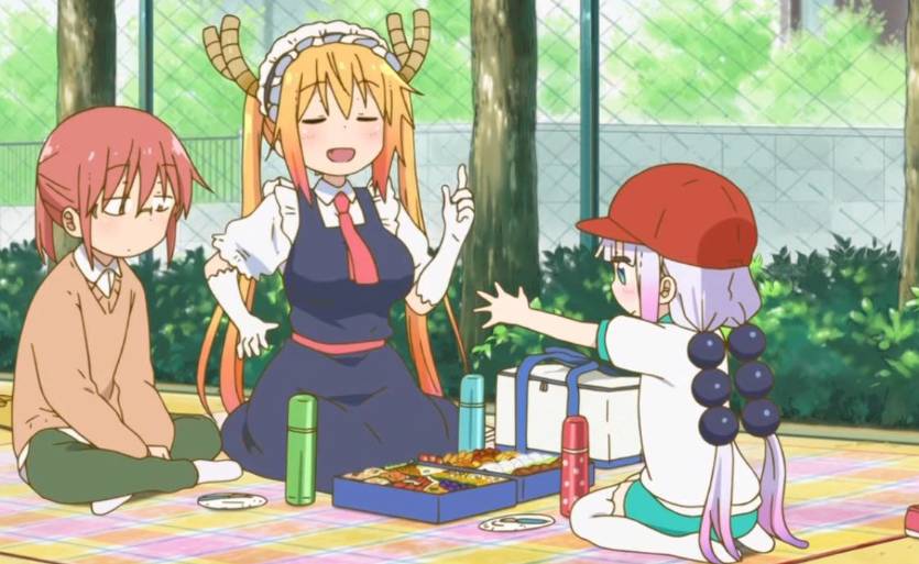 Kobayashi, Tooru, dan Kanna dari anime Miss Kobayashi's Dragon Maid (2017) (dok. Kyoto Animation/Miss Kobayashi's Dragon Maid)