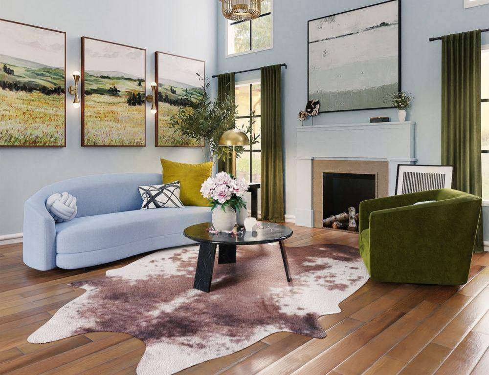 ilustrasi ruang tamu dengan sofa curve warna biru (unsplash.com/Spacejoy)
