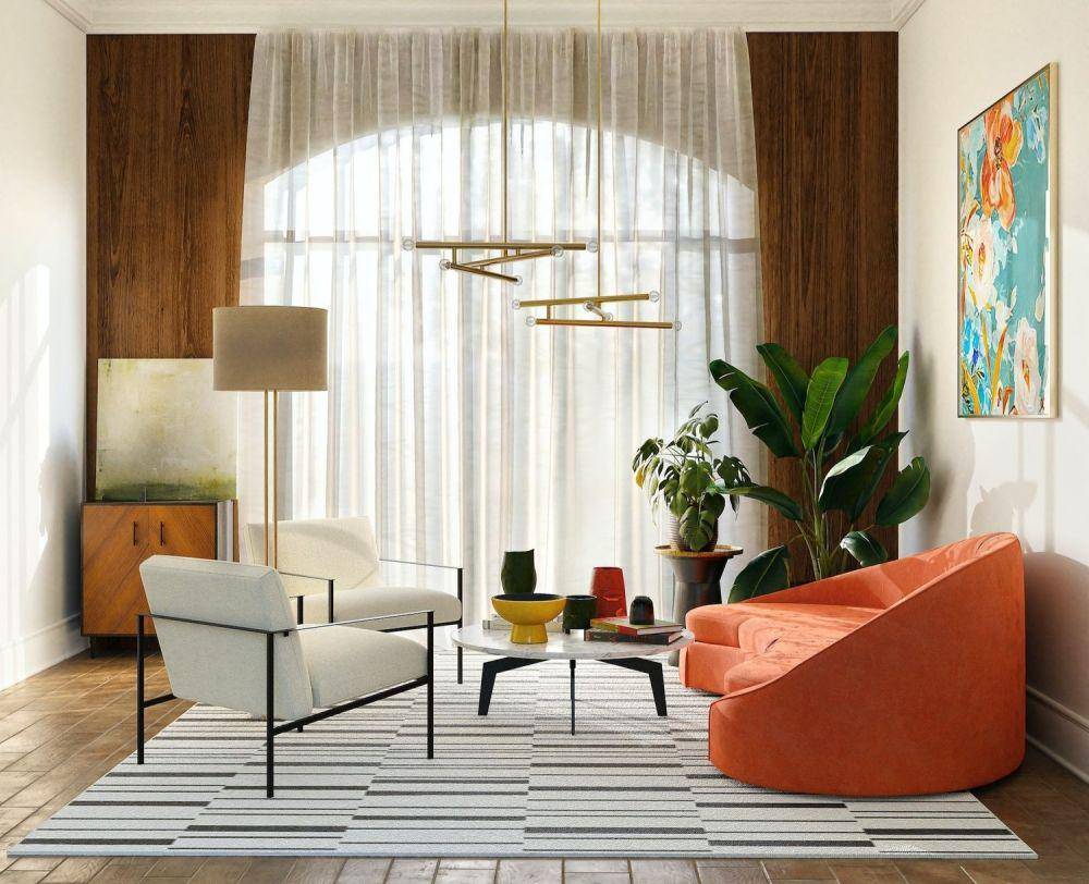 ilustrasi desain ruang tamu estetik menggunakan sofa curve (unsplash.com/Spacejoy)