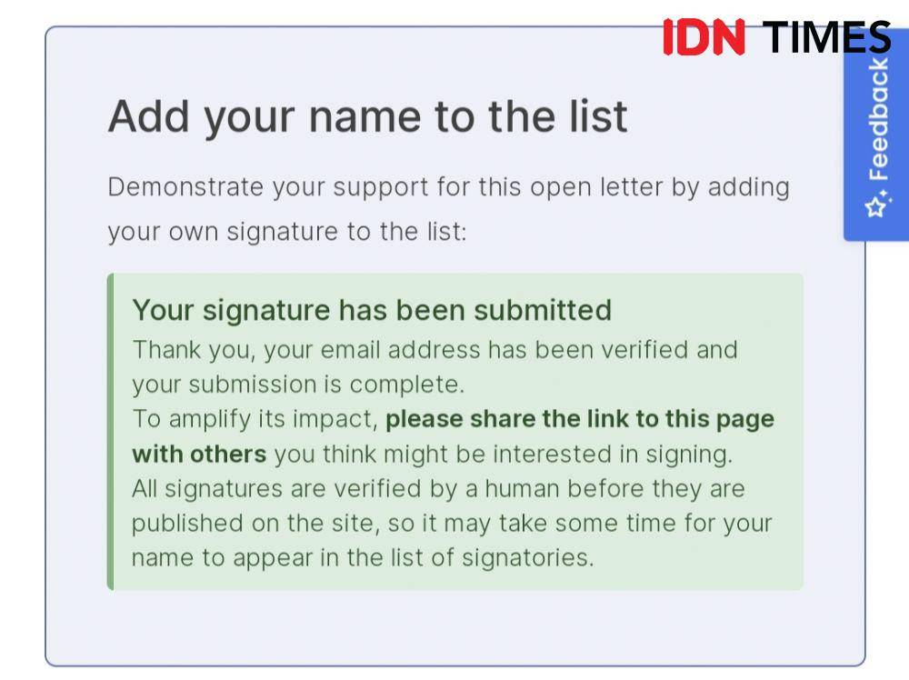 penandatanganan surat terbuka menghentikan AI yang tidak memiliki sistem verifikasi andal (IDN Times/Alfonsus Adi Putra)