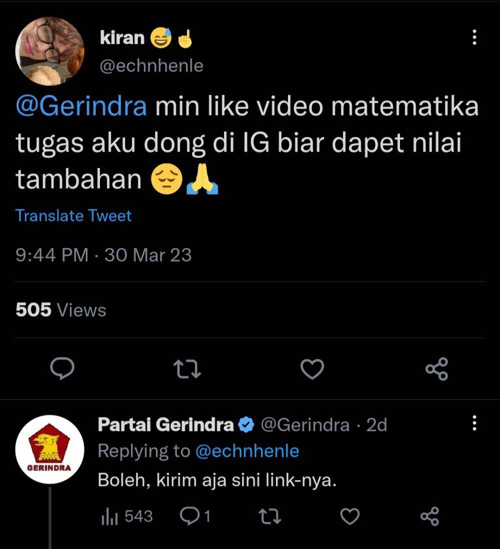 Tweet admin Partai Gerindra dengan warga Twitter (twitter.com/Gerindra)