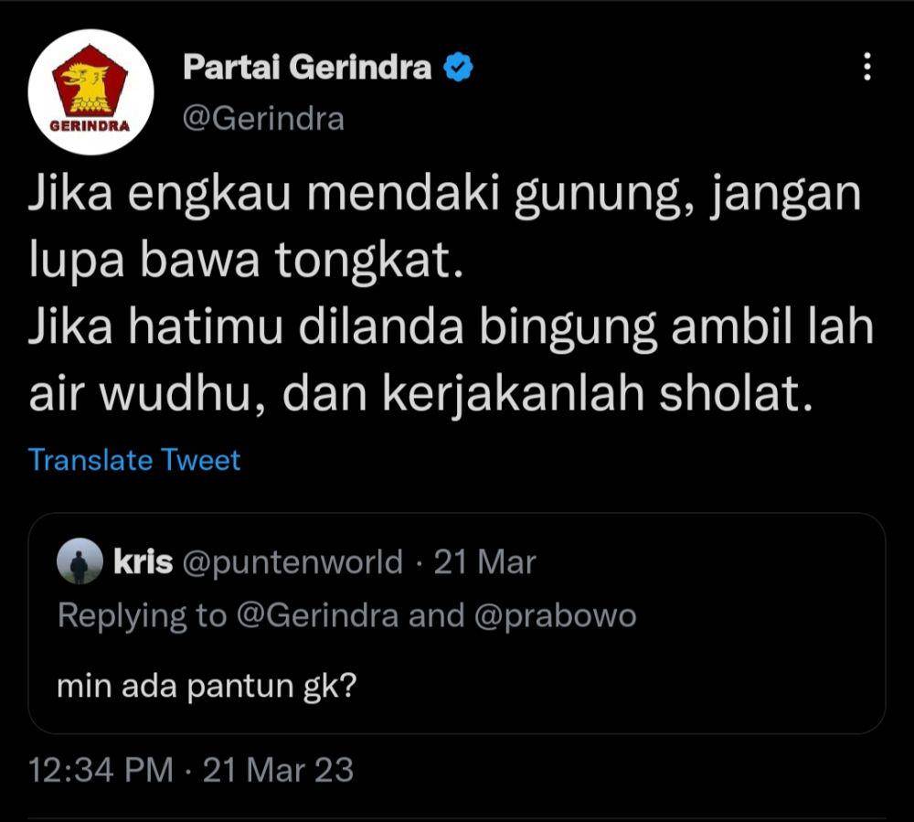 Tweet admin Partai Gerindra dengan warga Twitter (twitter.com/Gerindra)