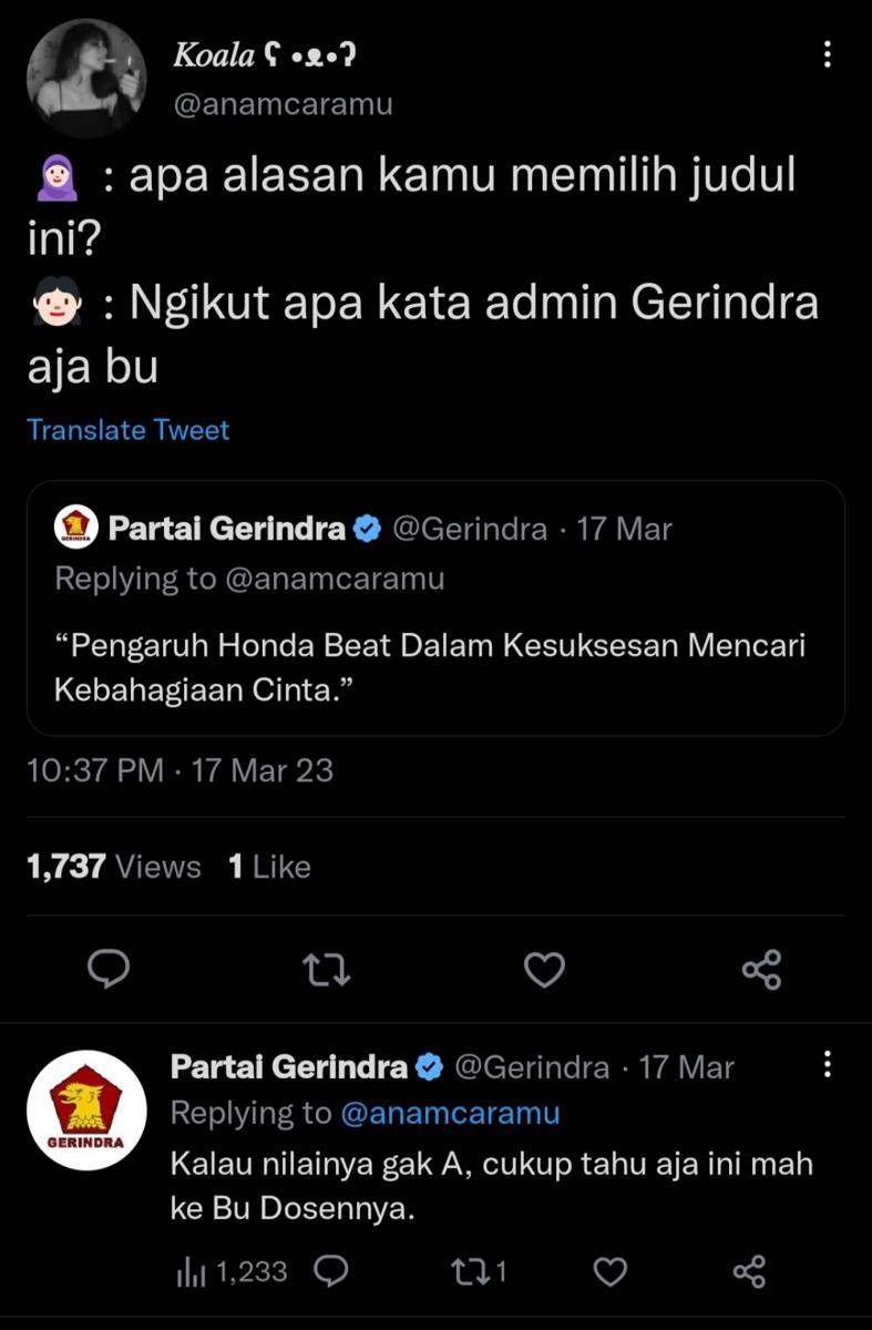 Tweet admin Partai Gerindra dengan warga Twitter (twitter.com/Gerindra)