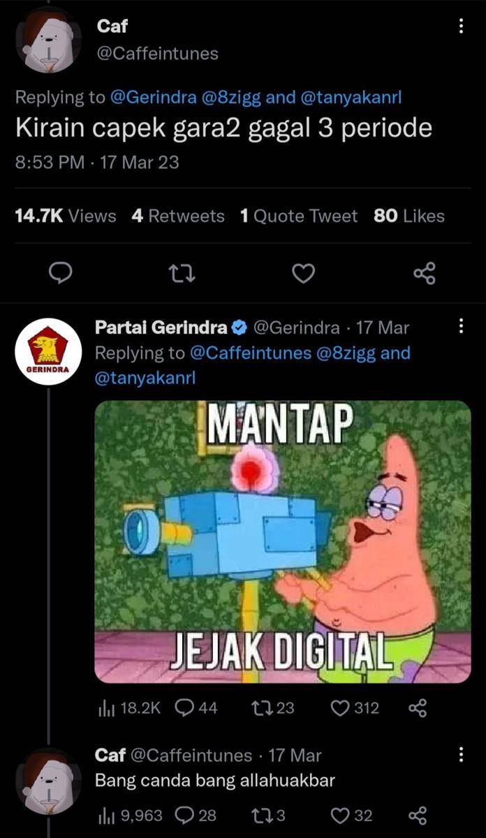 Tweet admin Partai Gerindra dengan warga Twitter (twitter.com/Gerindra)