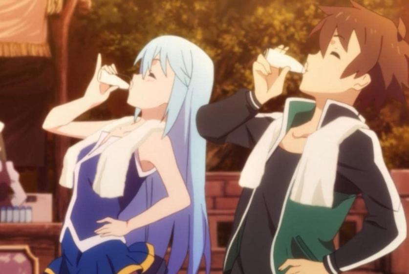 Aqua dan Kazuma dari anime Konosuba (2016) (dok. Studio Deen/Konosuba)