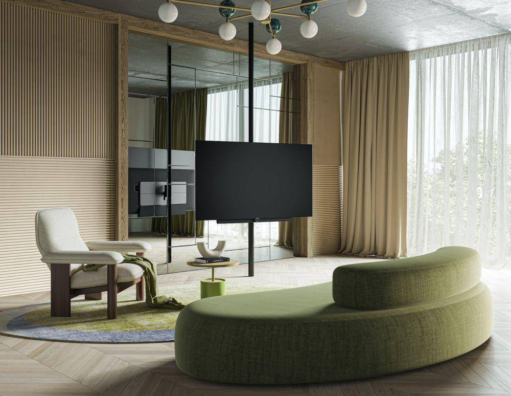 ilustrasi ruang tamu elegan menggunakan sofa curve (unsplash.com/Loewe Technology)