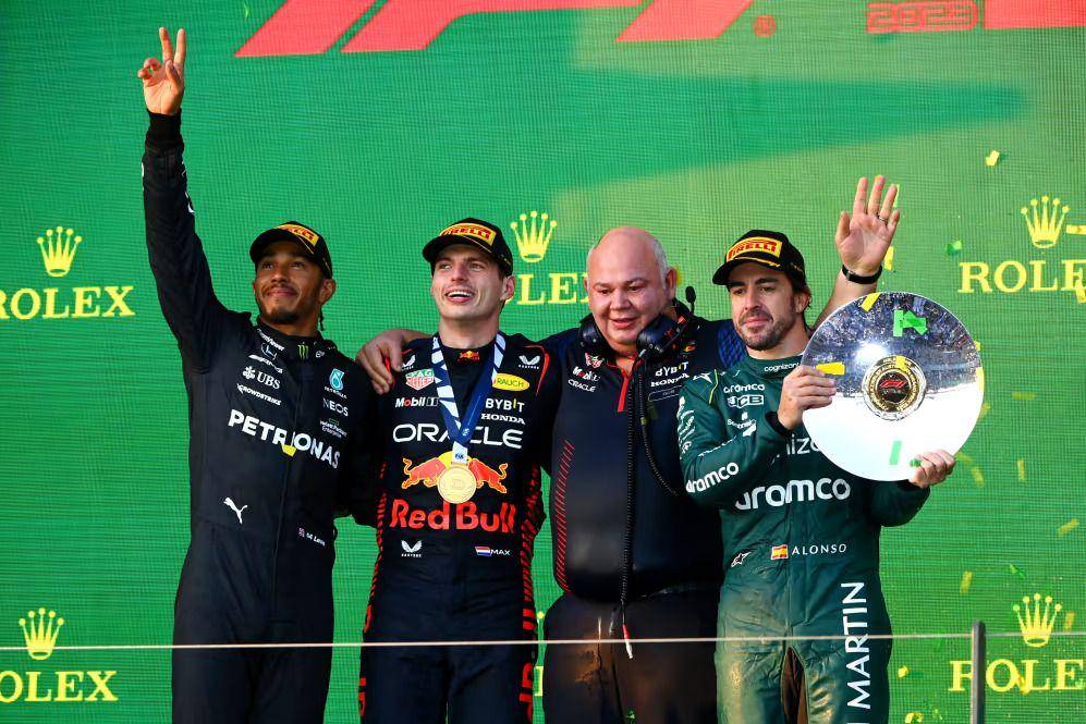 Lewis Hamilton, Max Verstappen, dan Fernando Alonso raih podium GP Australia 2023. (formula1.com)