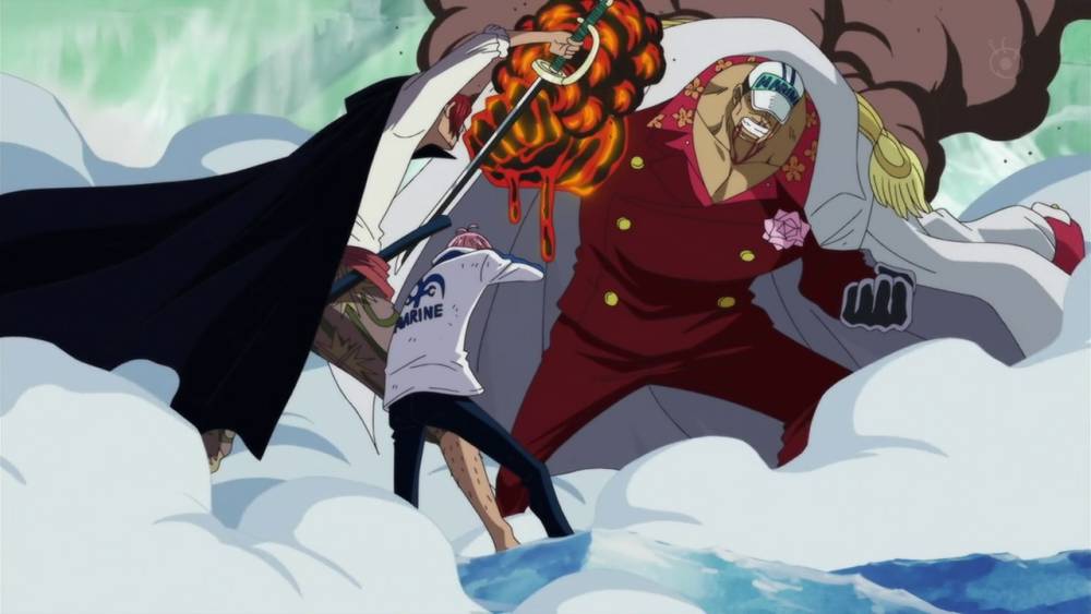 Shanks menahan serangan Akainu. (dok. Toei Animation/One Piece)