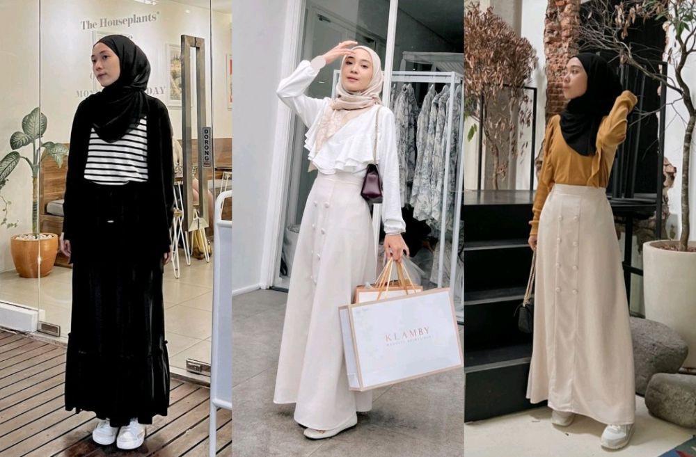 10 Inspirasi Style Hijab Kasual Putri Melati, Rok Jadi Andalan
