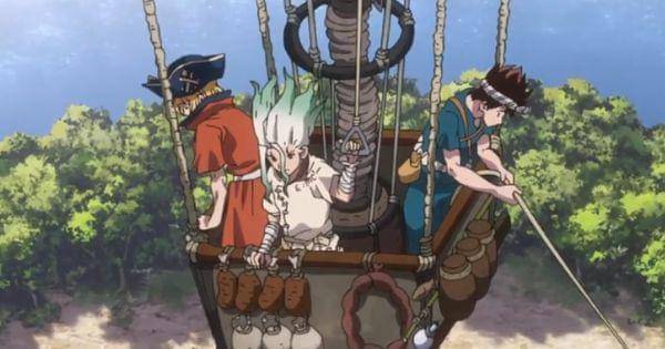 Senku dan timnya berhasil mendarat dengan selamat ( Dok.  TMS Entertainment / Dr. Stone S3 )
