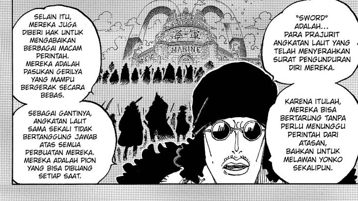 Kuzan menjelaskan apa itu SWORD. (dok. Shueisha/One Piece)