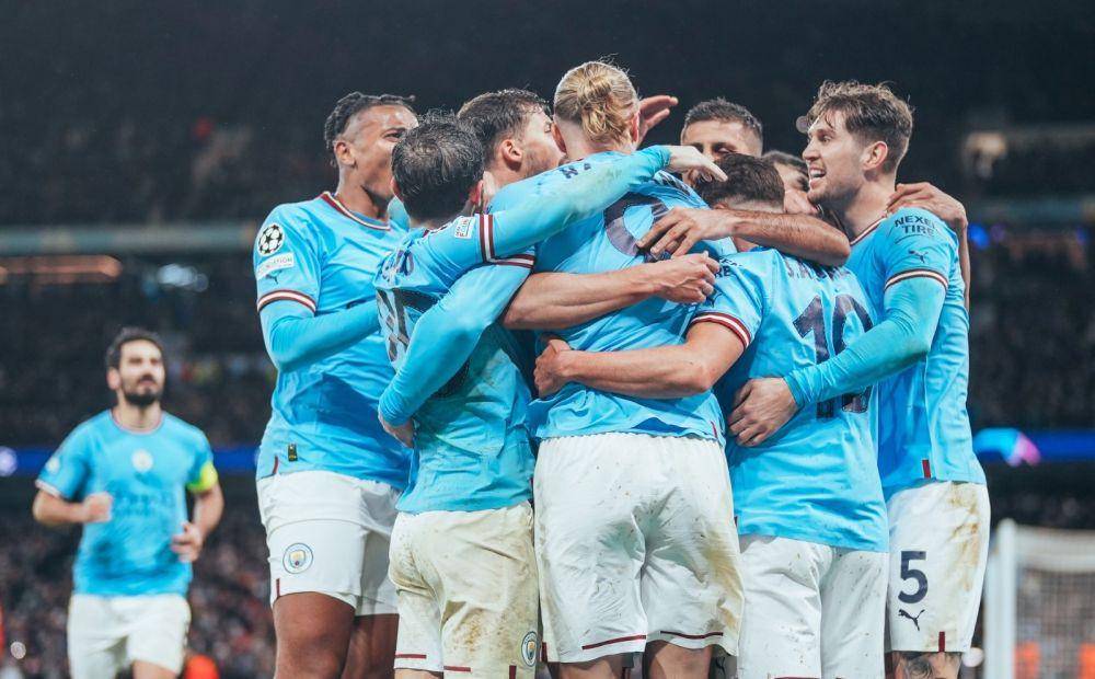 Selebrasi pemain Manchester City usai membobol gawang Bayern Munich, Rabu (12/4/2023). (Twitter/@ManCity).