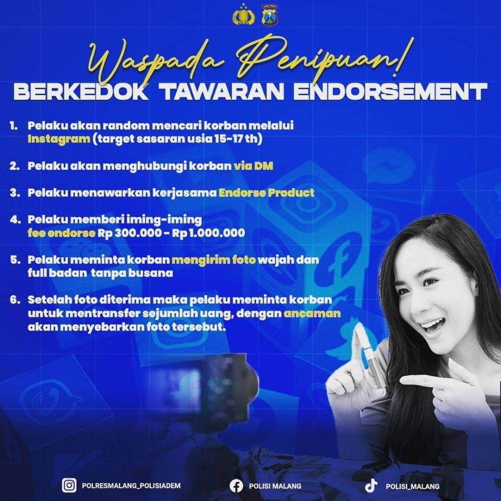Ciri modus penipuan berkedok endorse. (Dok Humas Polres Malang)