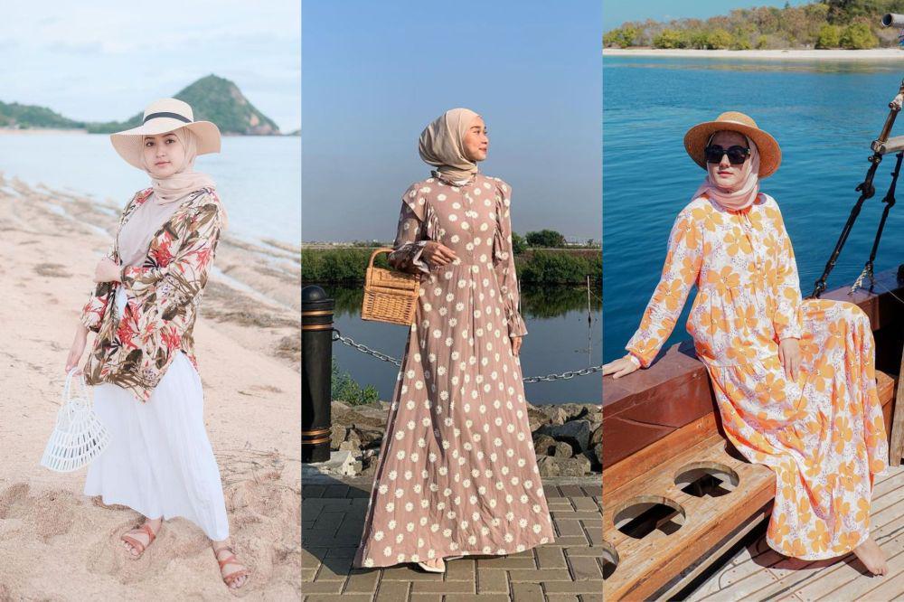 kolase padu padan outfit motif floral untuk ke pantai ala selebgram hijab (instagram.com/saritiw | instagram.com/nasariastri | instagram.com/kairissta)