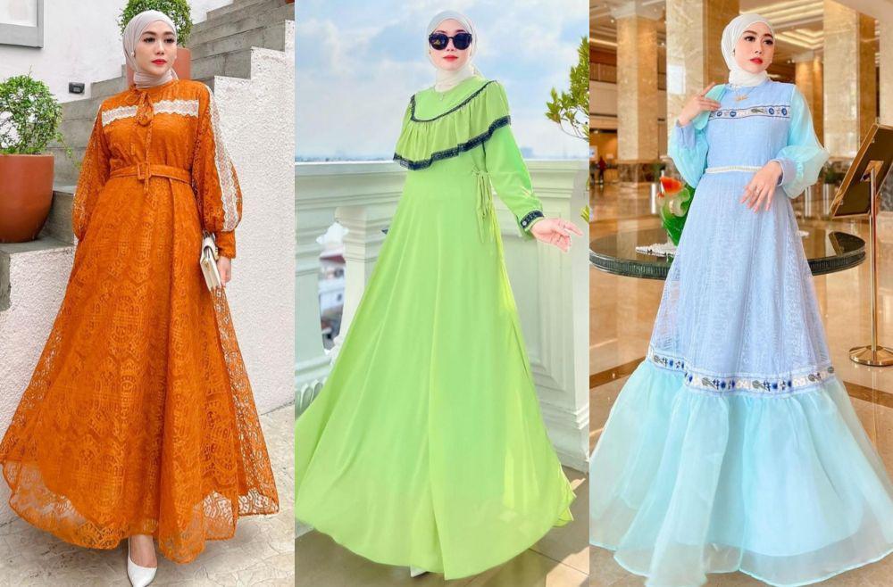 10 Inspirasi Dress Lebaran dengan Warna Cerah ala Yolla Anggita