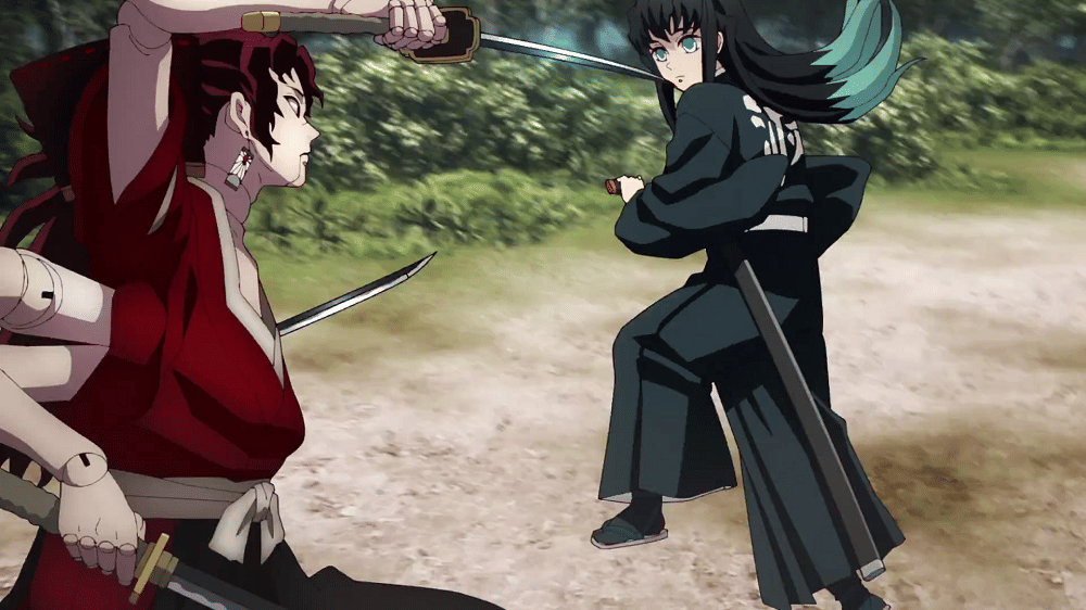 Tokito berlatih menggunakan Yoriichi Zeroshiki (dok. Ufotable/ Kimetsu no Yaiba Swordsmith Village Arc)