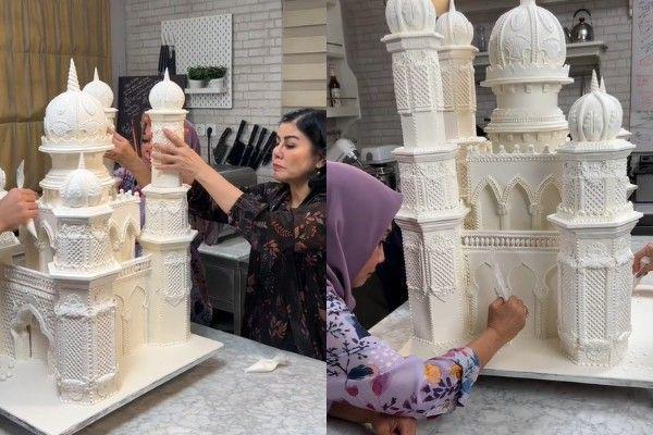 9 Potret Kompak Mama Rieta dan Mamitoko Bantu Bikin Kue Masjid Raksasa