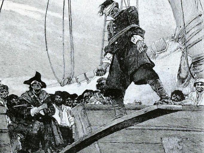 Ilustrasi tahanan bajak laut yang dipaksa berjalan di papan. (commons.wikimedia.org/Howard Pyle/Harper's Magazine)