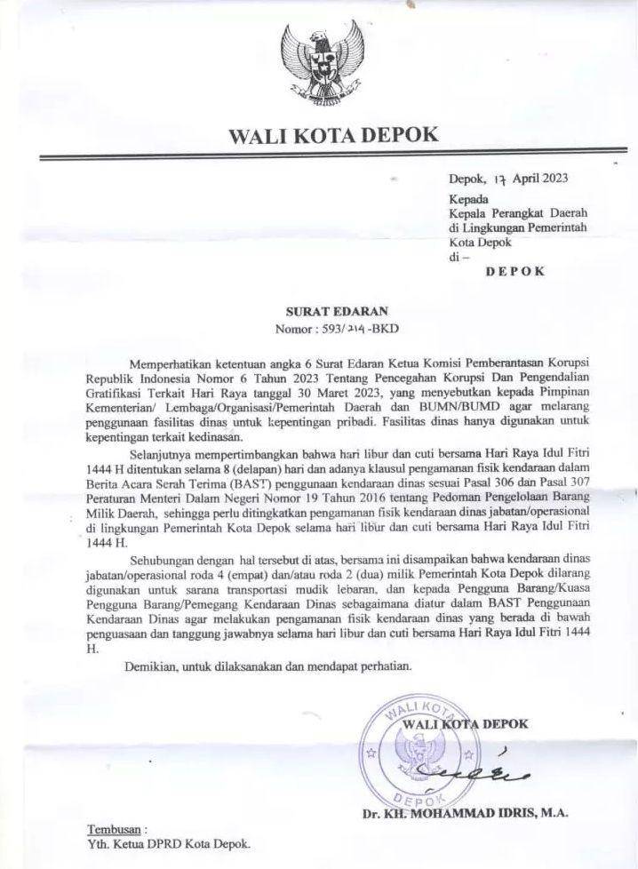 Surat Edaran Pemerintah Kota Depok terkait larangan penggunaan kendaraan dinas untuk mudik hari raya Idul Fitri 1444 Hijriyah. (Istimewa)
