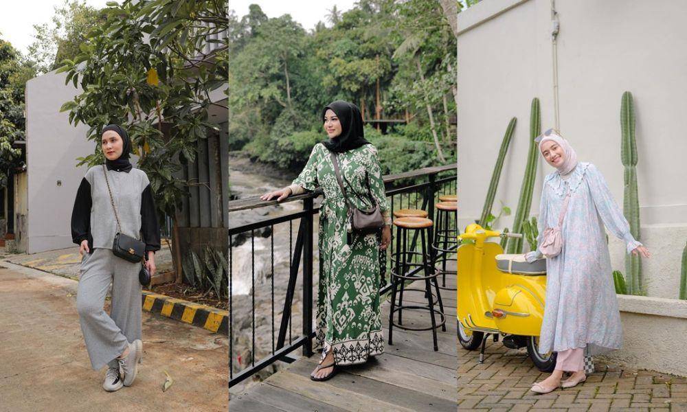 Inspirasi baju lebaran nyaman buat ibu menyusui. (Instagram.com/dwihandaanda | Instagram.com/aurelie.hermansyah | Instagram.com/megaiskanti)