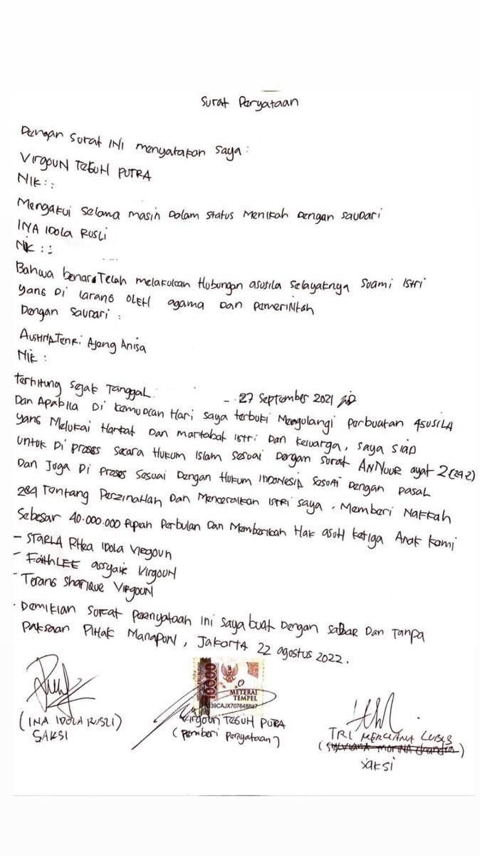 surat pernyataan Virgoun (instagram.com/mommy_starla)