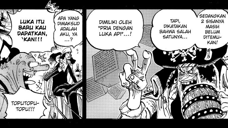 Blackbeard menjelaskan tentang "pria dengan luka api". (dok. Shueisha/One Piece)