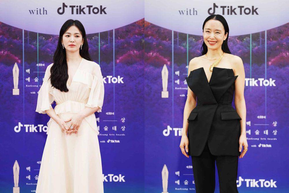 Song Hye Kyo di red carpet Baeksang Arts Awards 2023 (twitter.com/TiktokKR) | Jeon Do Yeon di red carpet Baeksang Arts Awards 2023 (twitter.com/TiktokKR)