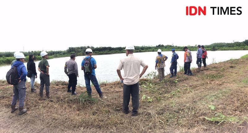 Survey waduk lokasi buaya serang warga dilakukan BPBD, Perusahaan PT. Agro Indomas, DPKP dan Polsek Sepaku (IDN Times/Ervan)