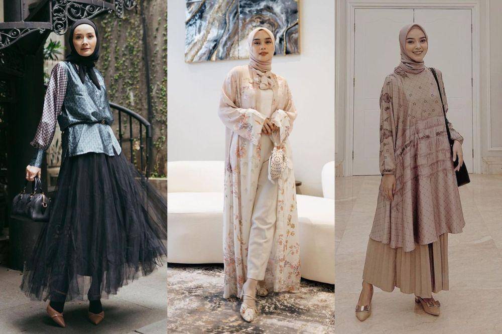kolase inspirasi outfit hijab formal dengan atasan motif (instagram.com/dhaturembulan | instagram.com/tiqasya | instagram.com/intansugih)