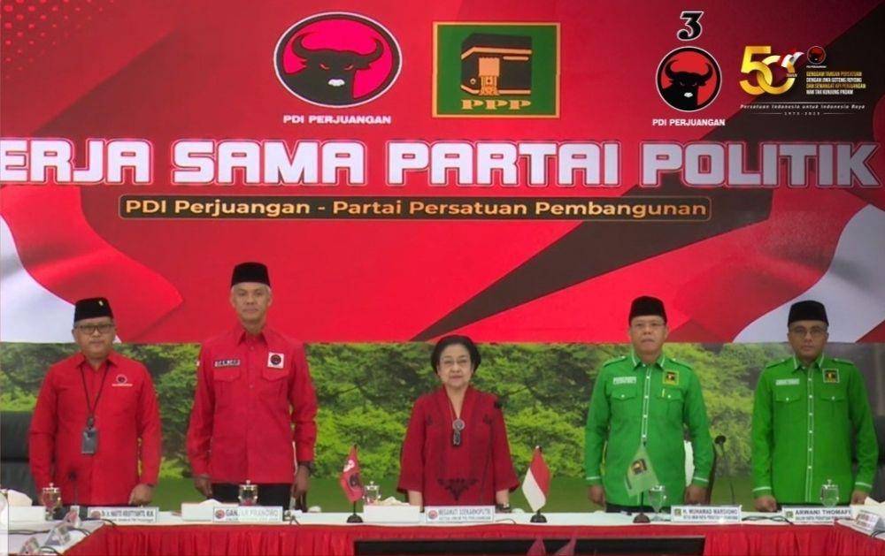 Ketum PDIP dan Plt Ketum PPP ketika mengumumkan kesepakatan untuk dukung Ganjar Pranowo pada Minggu, 30 April 2023. (www.instagram.com/@pdiperjuangan)