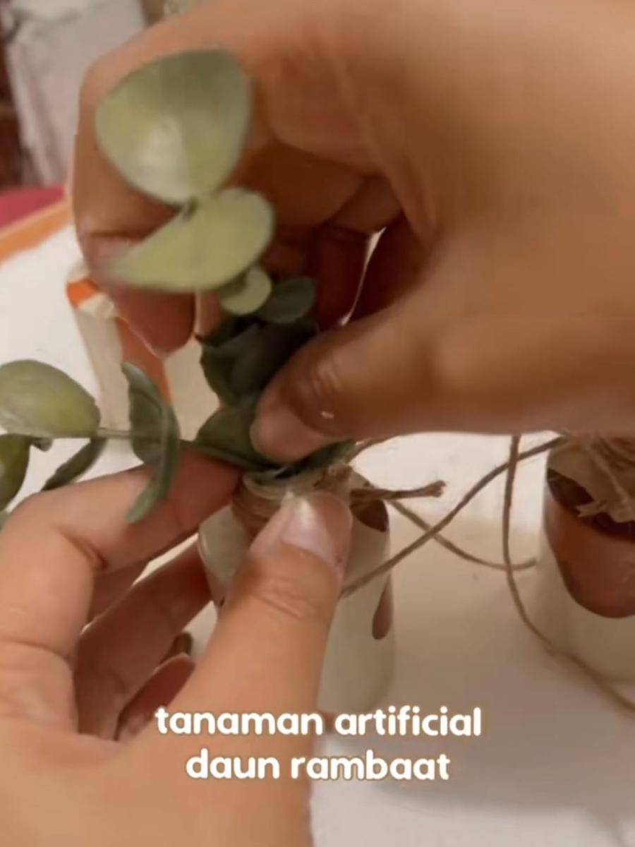 Cuplikan memasukkan tanaman artificial ke dalam jar skincare (tiktok.com/@tiranissya)