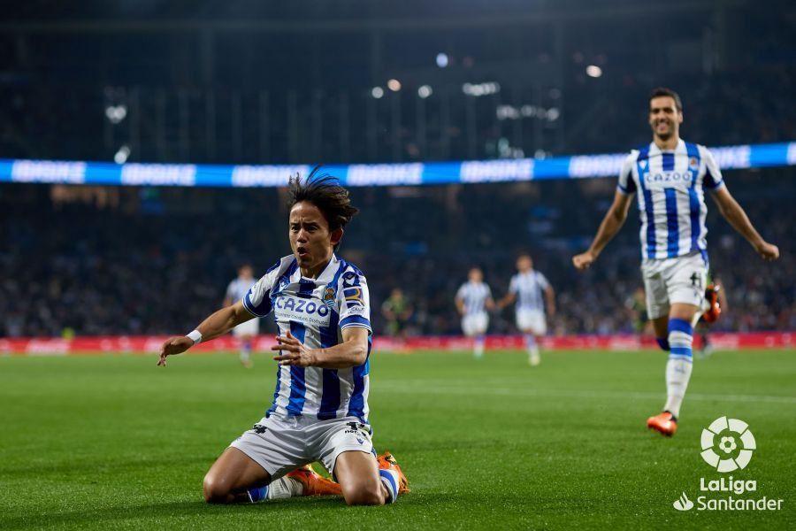 Selebrasi Takefusa Kubo usai membobol gawang Real Madrid, Rabu (3/5/2023). (laliga.com).
