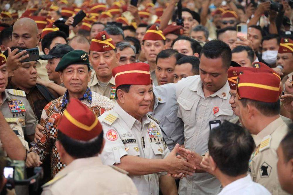 Ketum Partai Gerindra, Prabowo Subianto, ketika memberikan pidato saat halal bihalal bersama purnawirawan TNI di Yogyakarta pada Rabu, 3 Mei 2023. (Dokumentasi Media Menhan)