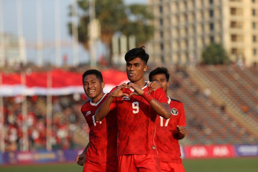 Selebrasi Ramadhan Sananta usai mencetak gol dalam laga Grup A cabor sepak bola putra SEA Games 2023 Kamboja antara Indonesia U-22 versus Myanmar U-22 di Olympic Stadium Phnom Penh, Kamis 4 Mei 2023. (Dok. Ofisial PSSI)
