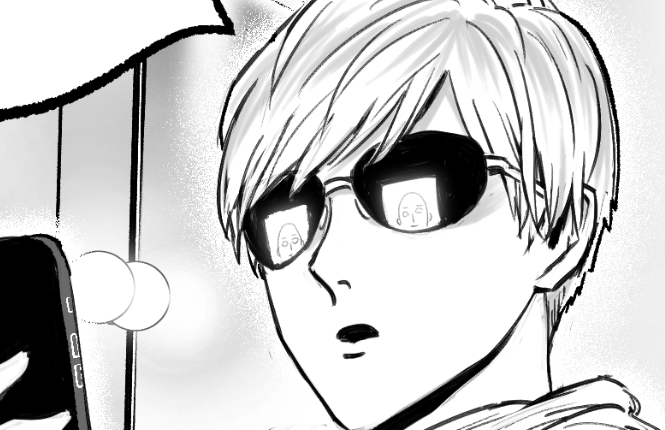 Ada pantulan wajah Saitama di kacamata Amai Mask. (Dok. Tonari no YJ/One Punch Man)