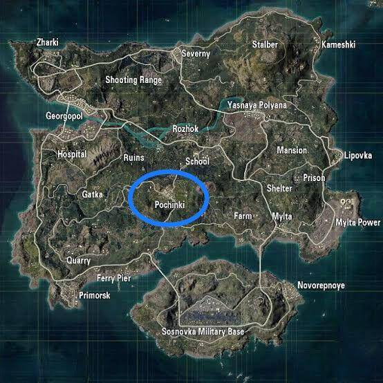 lokasi Pochinki di map Erangel  (dok. Tencent Games/PUBG Mobile)