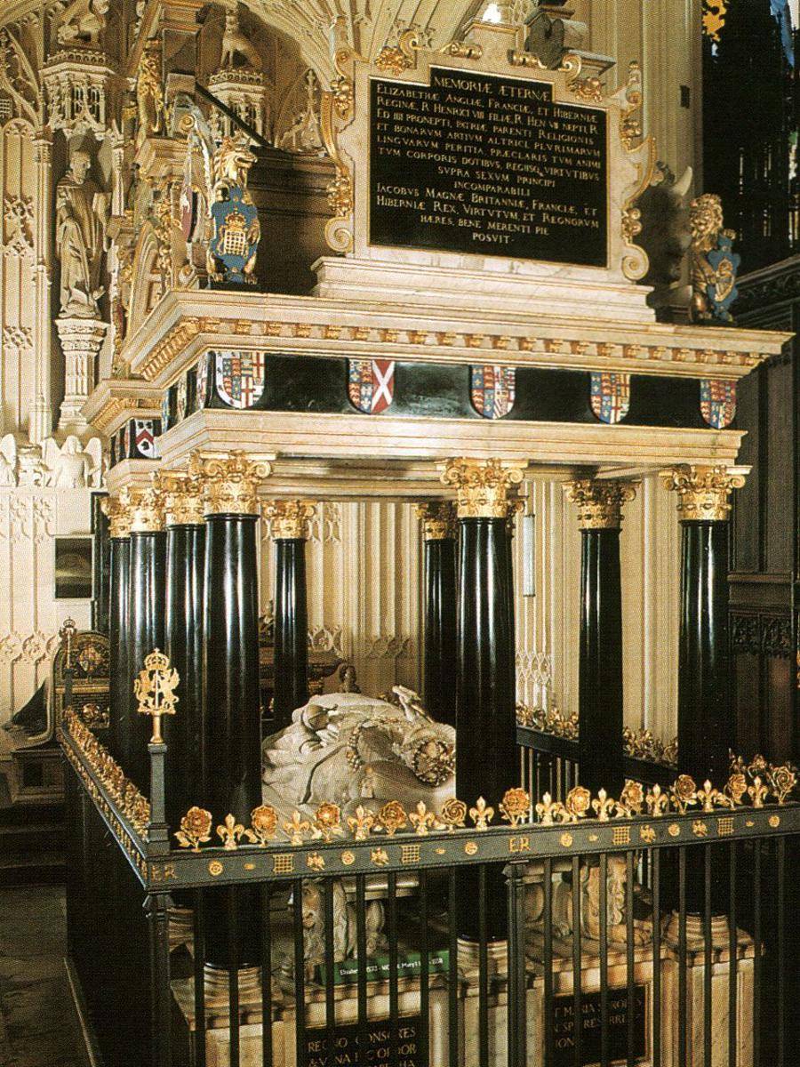 potret monumen makam Ratu Elizabeth I yang berisi jasad Ratu Elizabeth I dan Ratu Mary I di dalam Gereja Westminster Abbey ((commons.wikimedia.org/VCR Giulio19)