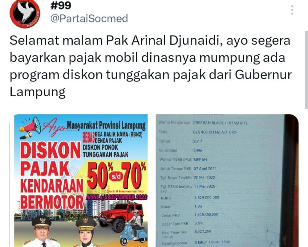 Tangkap layar twit akun @PartaiSocmed menyoal keterlambatan pajak pejabat daerah di Lampung. (Twitter/@PartaiSocmed).