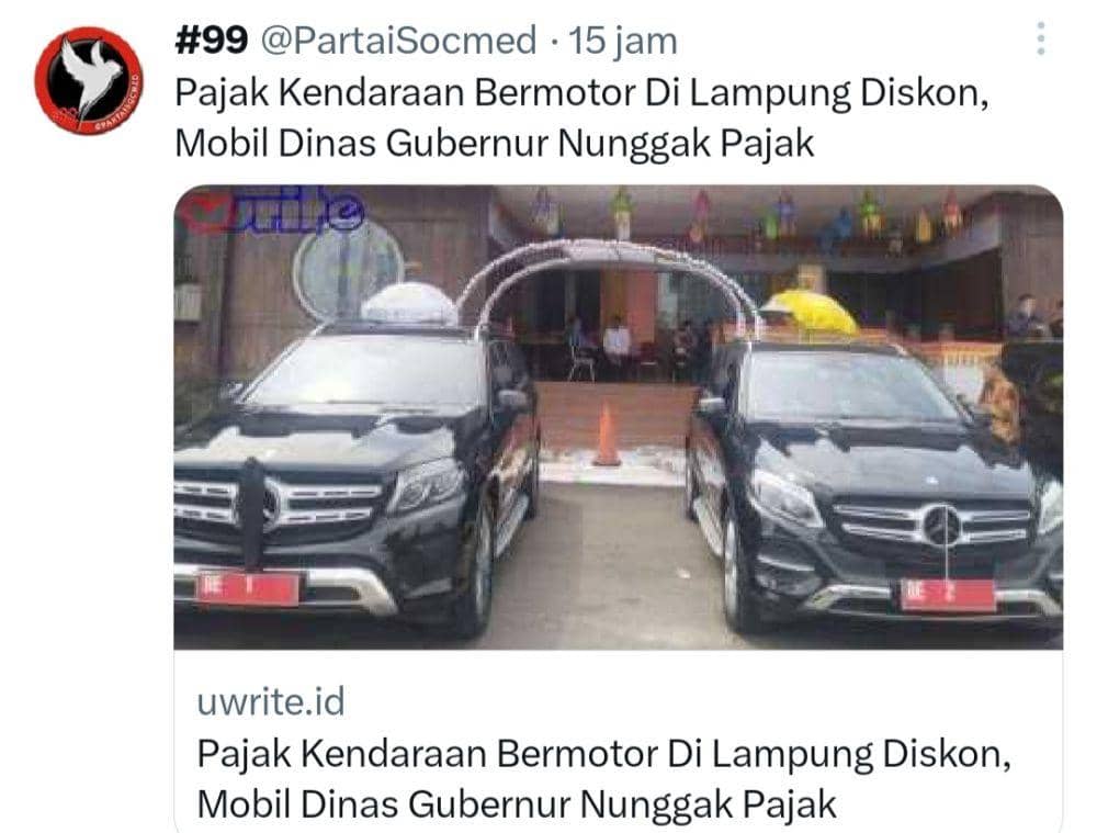 Randis Gubernur dan Wagub Nunggak Pajak, Pemprov Lampung Ngaku Lalai
