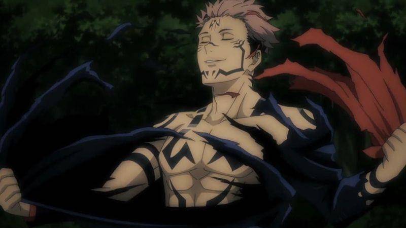 Sukuna merobek seragam Yuji saat menghadapi Megumi ( Dok. Mappa / Jujutsu Kaisen )