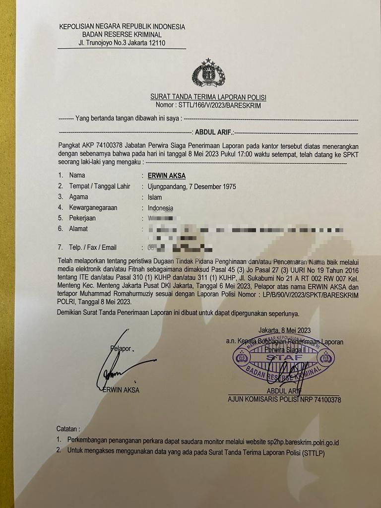 Bukti pelaporan Waketum Golkar, Erwin Aksa kepada Ketua Majelis Pertimbangan PPP, Muhammad Romahurmuziy. (dok. IDN Times/Istimewa)