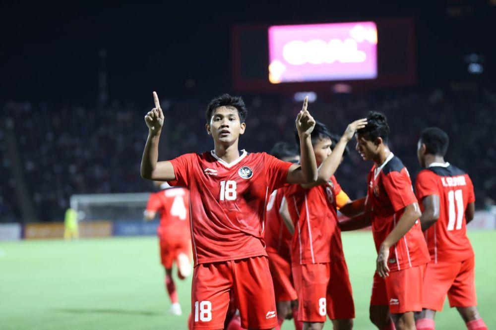 Pemain Timnas Indonesia U-22, Titan Agung, merayakan gol ke gawang Kamboja (Dokumentasi PSSI)
